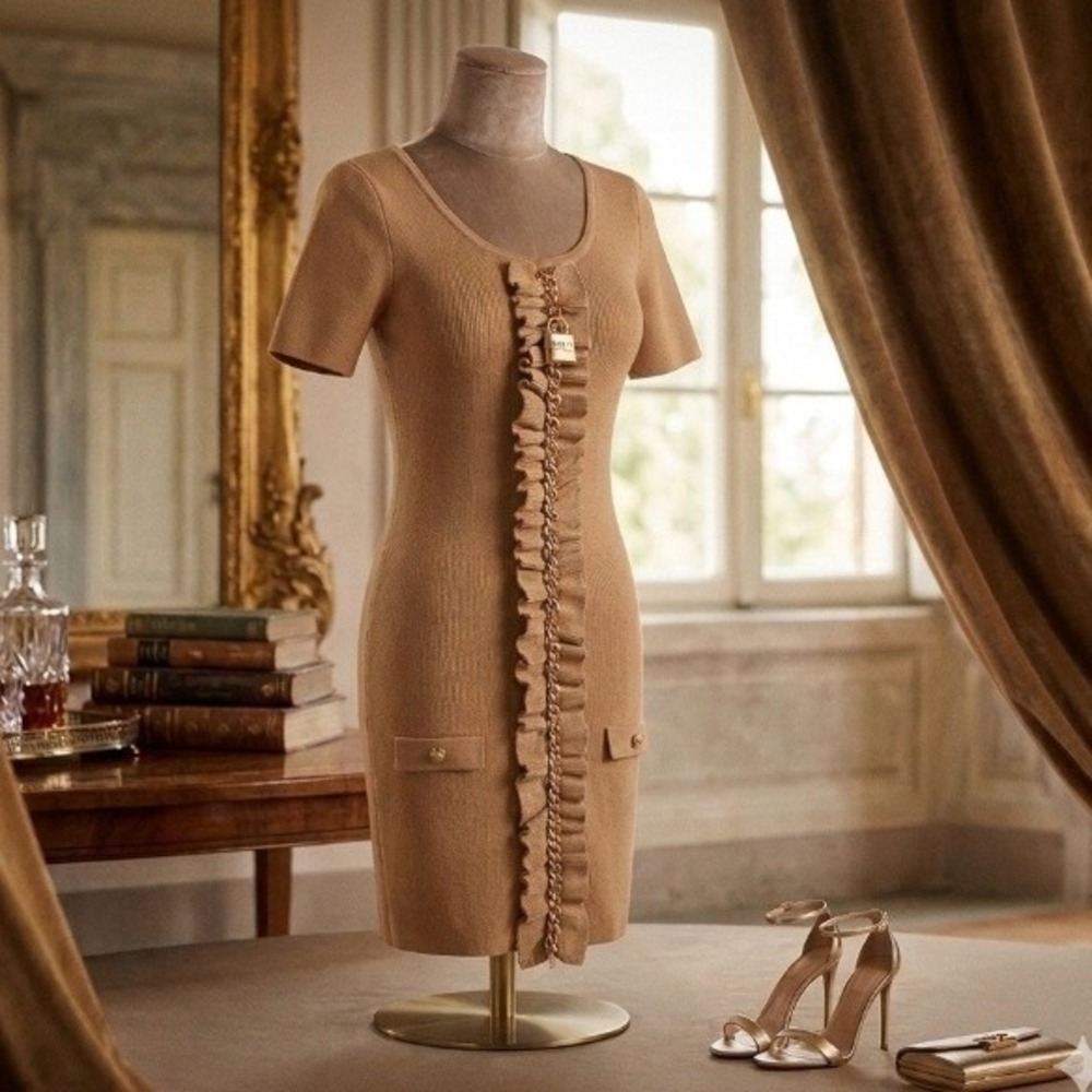 Elisabetta Franchi Womens Small Tan Knit Mini Dress Ruffle Chain Detail Italy